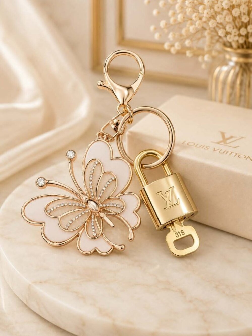 LV Gold Padlock 🔑 Authentic Louis Vuitton Charm + Unbranded Butterfly Keychain